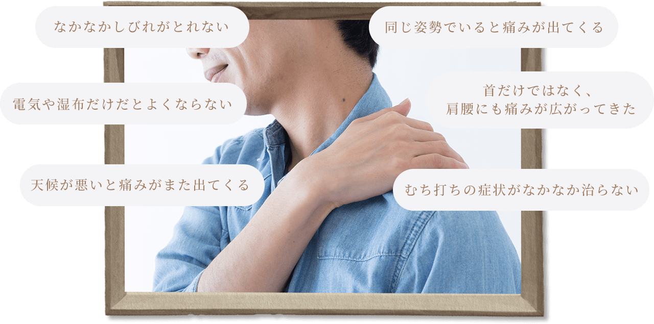 なかなかしびれがとれない,電気や湿布だけだとよくならない,天候が悪いと痛みがまた出てくる,同じ姿勢でいると痛みが出てくる,首だけではなく、肩腰にも痛みが広がってきた,むち打ちの症状がなかなか治らない